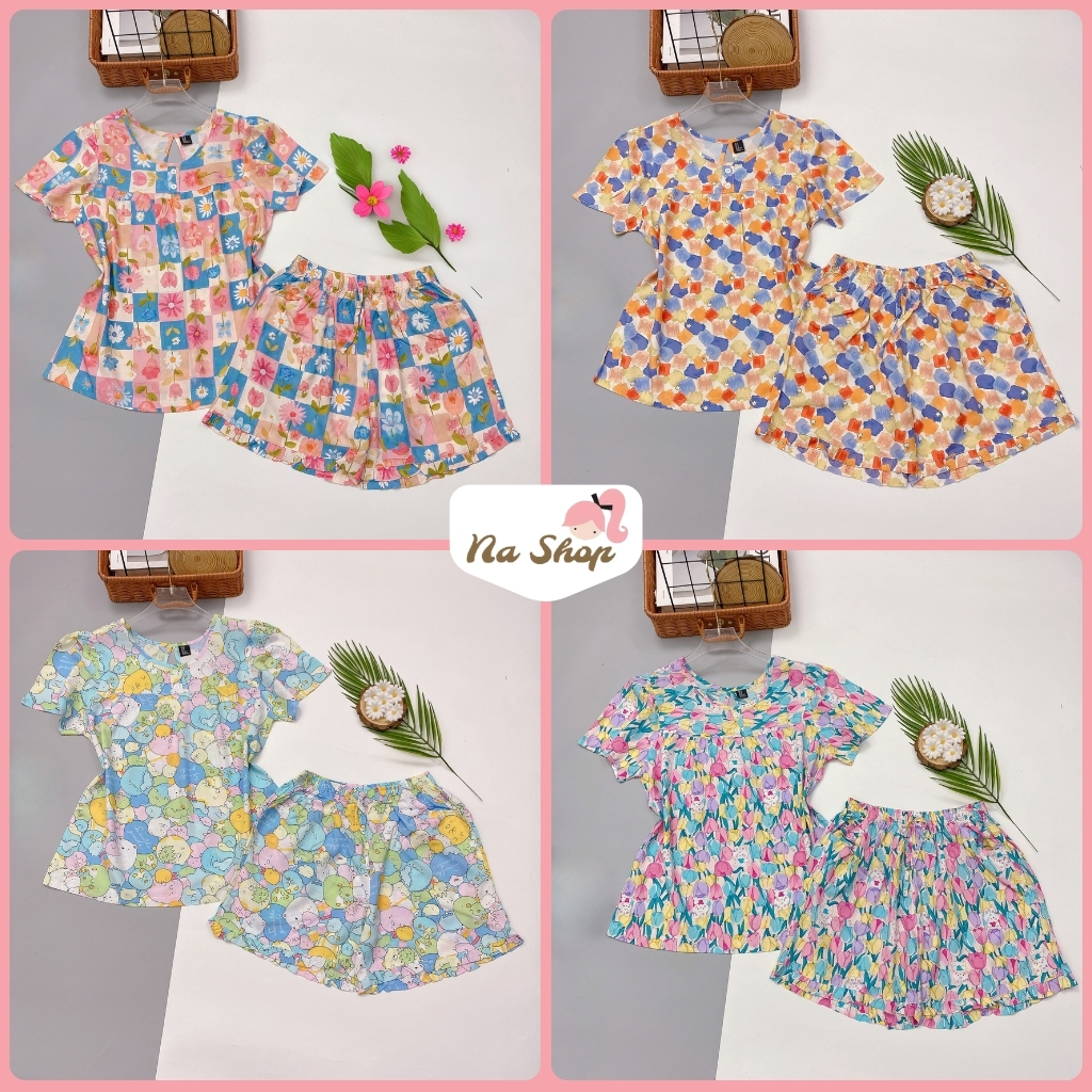 Đồ bộ quần đùi, áo tay bồng, vải tole lanh mát mịn, form dễ mặc, họa tiết dễ thương 40-75kg TBO11