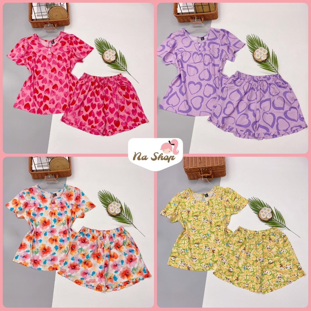 Đồ bộ quần đùi, áo tay bồng, vải tole lanh mát mịn, form dễ mặc, họa tiết dễ thương 40-75kg TBO11