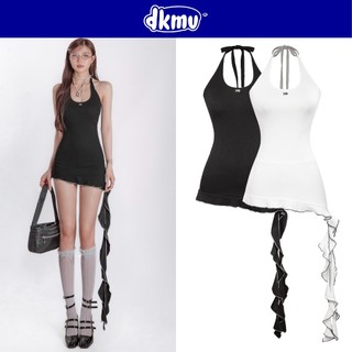 Đầm cổ yếm cột dây tà lệch phối tua rua bèo DKMV thiết kế phối viền tương phản kèm quần trong Nayeon Dress | K-D19