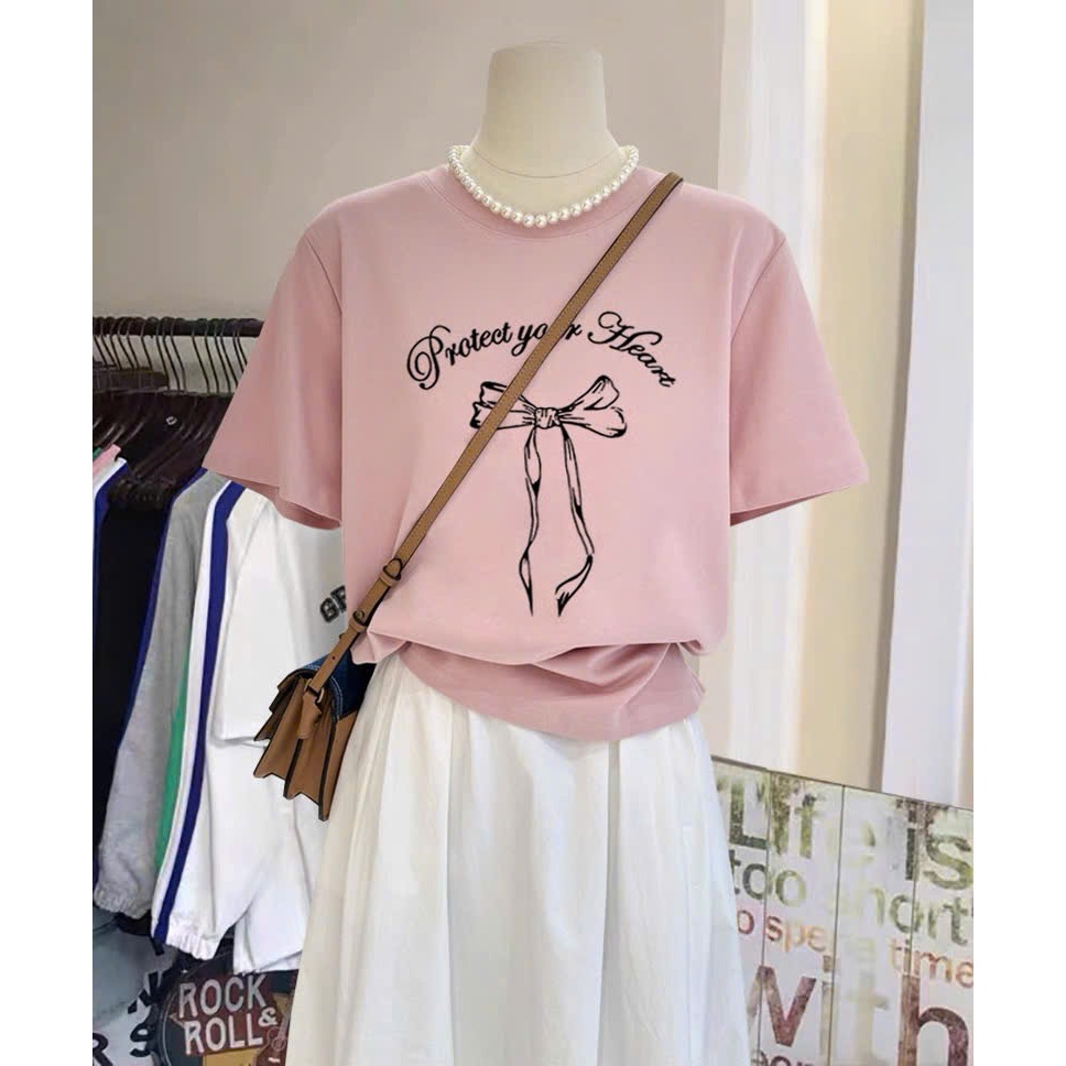 Áo thun nữ, Áo Phông nữ in hình Nơ xinh xắn JULY FASHION, Áo thun ngắn tay dáng rộng chất Cotton dày dặn thấm mồ hôi