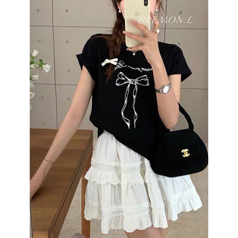 Áo thun nữ, Áo Phông nữ in hình Nơ xinh xắn JULY FASHION, Áo thun ngắn tay dáng rộng chất Cotton dày dặn thấm mồ hôi