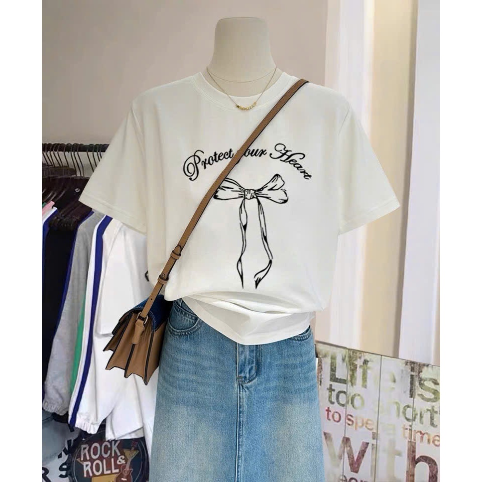 Áo thun nữ, Áo Phông nữ in hình Nơ xinh xắn JULY FASHION, Áo thun ngắn tay dáng rộng chất Cotton dày dặn thấm mồ hôi