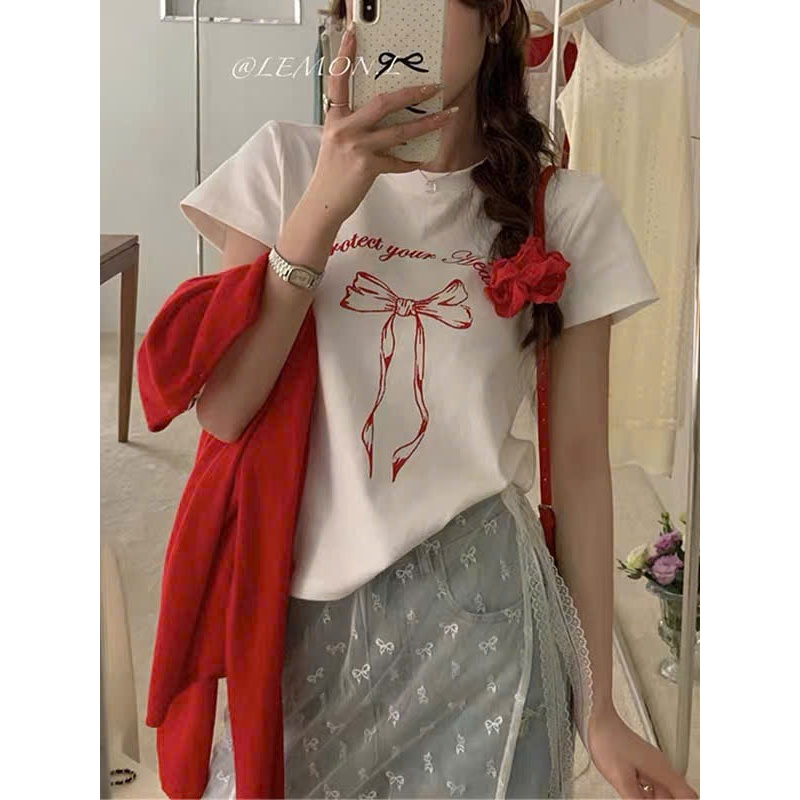 Áo thun nữ, Áo Phông nữ in hình Nơ xinh xắn JULY FASHION, Áo thun ngắn tay dáng rộng chất Cotton dày dặn thấm mồ hôi