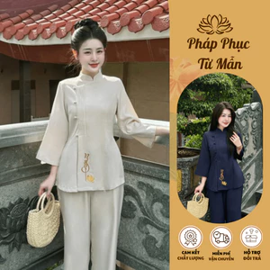 Đồ lam đi chùa cổ tàu thêu chữ Ngộ vải đũi thái mềm mịn Pháp phục lễ chùa tay lỡ cúc bọc chiết eo Sang trọng