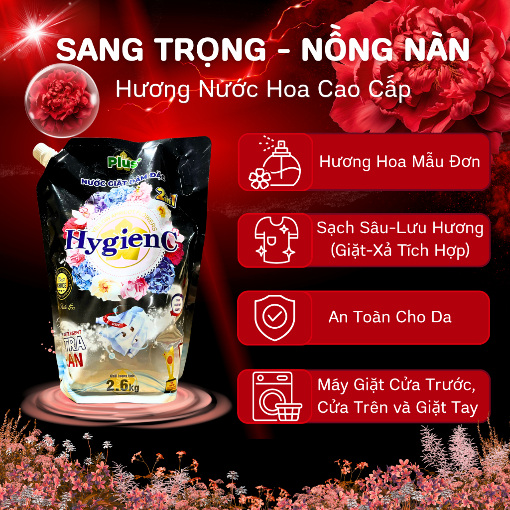 [NEW] Combo 2 Túi Nước Giặt HygienC Plus 2.6Kg/Túi Đậm Đặc Hương Nước Hoa - Sạch Vết Bẩn (6 Mùi Hương)