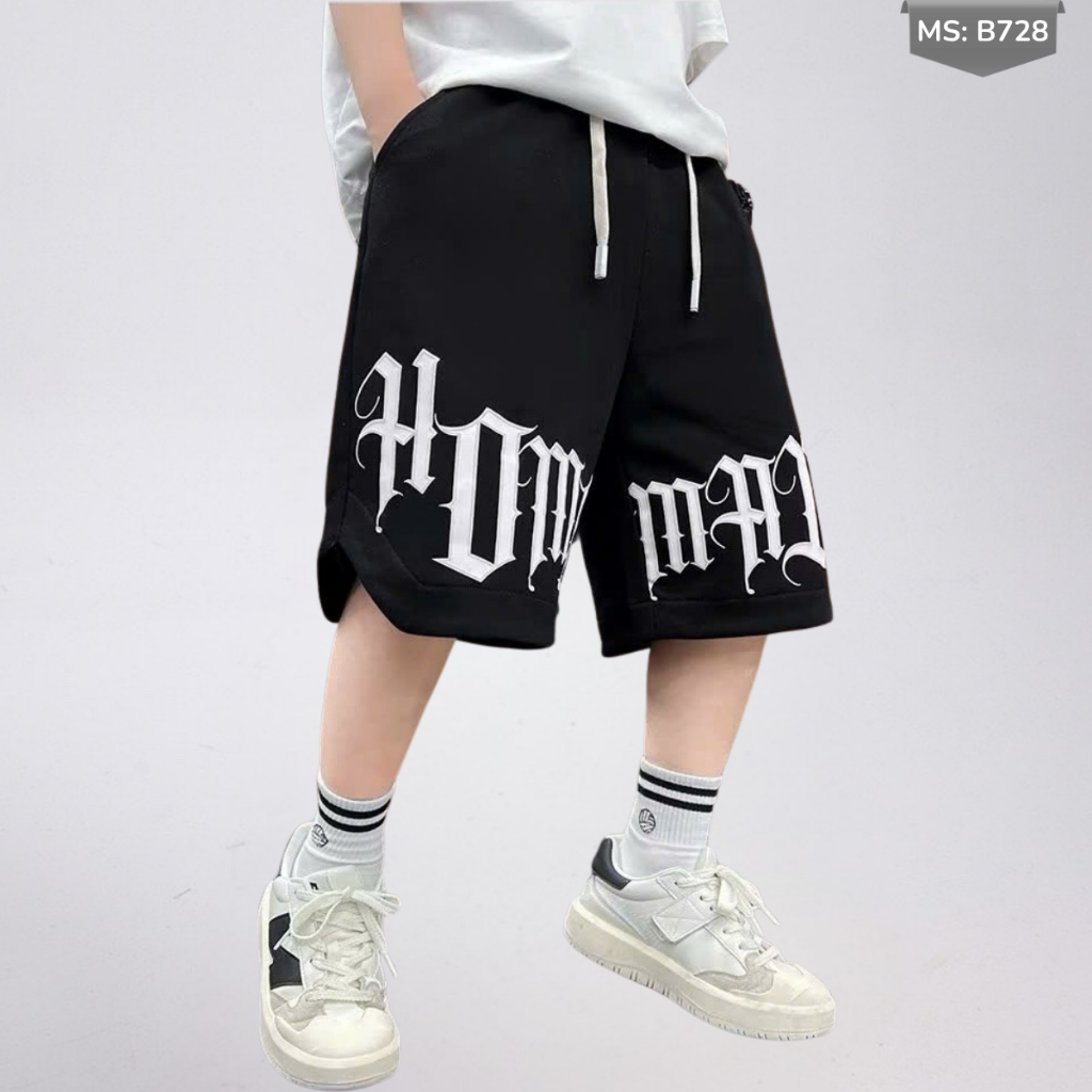 Quần Short Thể Thao Trẻ Em In Chữ nổi – Cotton Mềm Mịn, Dáng Rộng B728 | JJ Kids Fashion