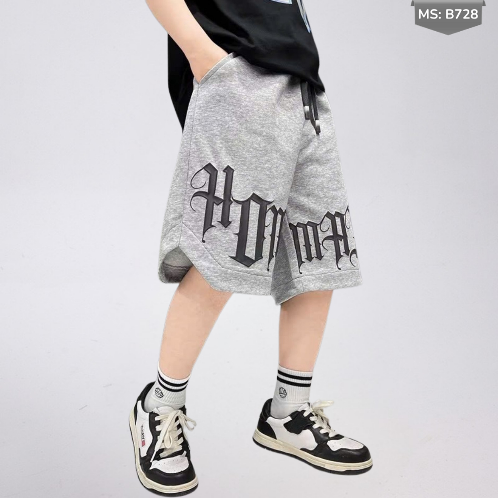 Quần Short Thể Thao Trẻ Em In Chữ nổi – Cotton Mềm Mịn, Dáng Rộng B728 | JJ Kids Fashion