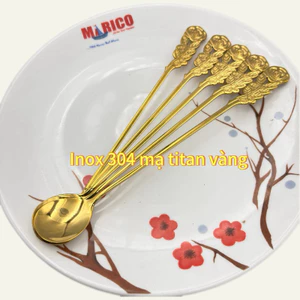 Set 5 Thìa HOA HỒNG INOX 304 Màu Vàng ,Cán Dài,Dập Hình Cành Hoa Hồng Độc Đáo