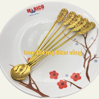 Set 5 Thìa HOA HỒNG INOX 304  Màu Vàng ,Cán Dài,Dập Hình Cành Hoa Hồng Độc Đáo