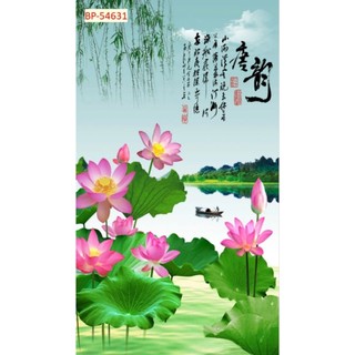Tranh 3D hoa sen dán tường phòng thờ, phòng khách, phòng làm việc, tranh in trên chất liệu vải lụa (tặng kèm keo dán)
