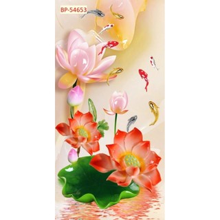 Tranh 3D hoa sen dán tường phòng thờ, phòng khách, phòng làm việc, tranh in trên chất liệu vải lụa (tặng kèm keo dán)