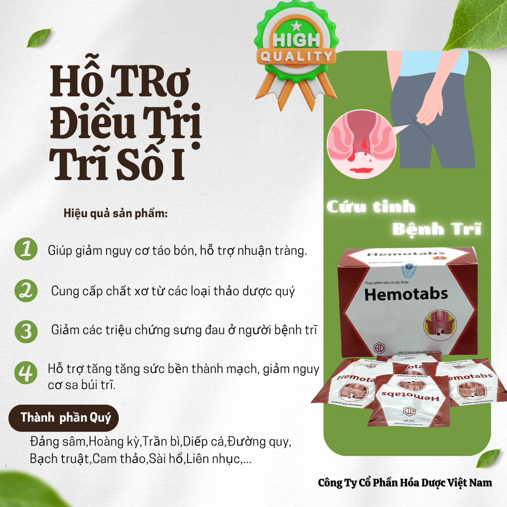 ✅[Chính hãng] Hemotabs hỗ trợ giảm đau rát hậu môn, sa búi trĩ, tăng sức bền thành mạch nhuận tràng (Hộp 15 gói)