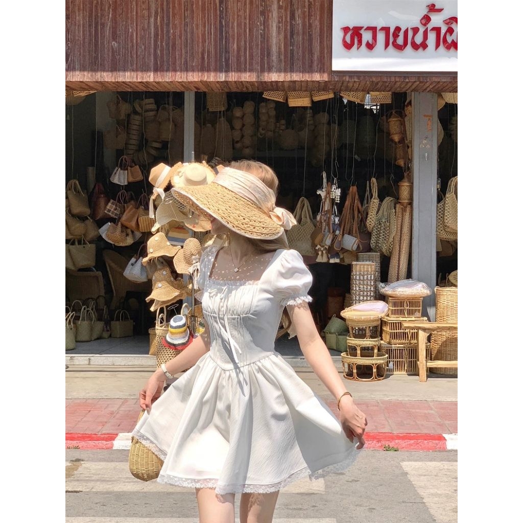 Váy Trắng Dự Tiệc Dáng Xòe Tay Bồng Cổ Vuông Nữ Tính - [TLV2]  Memeboutique