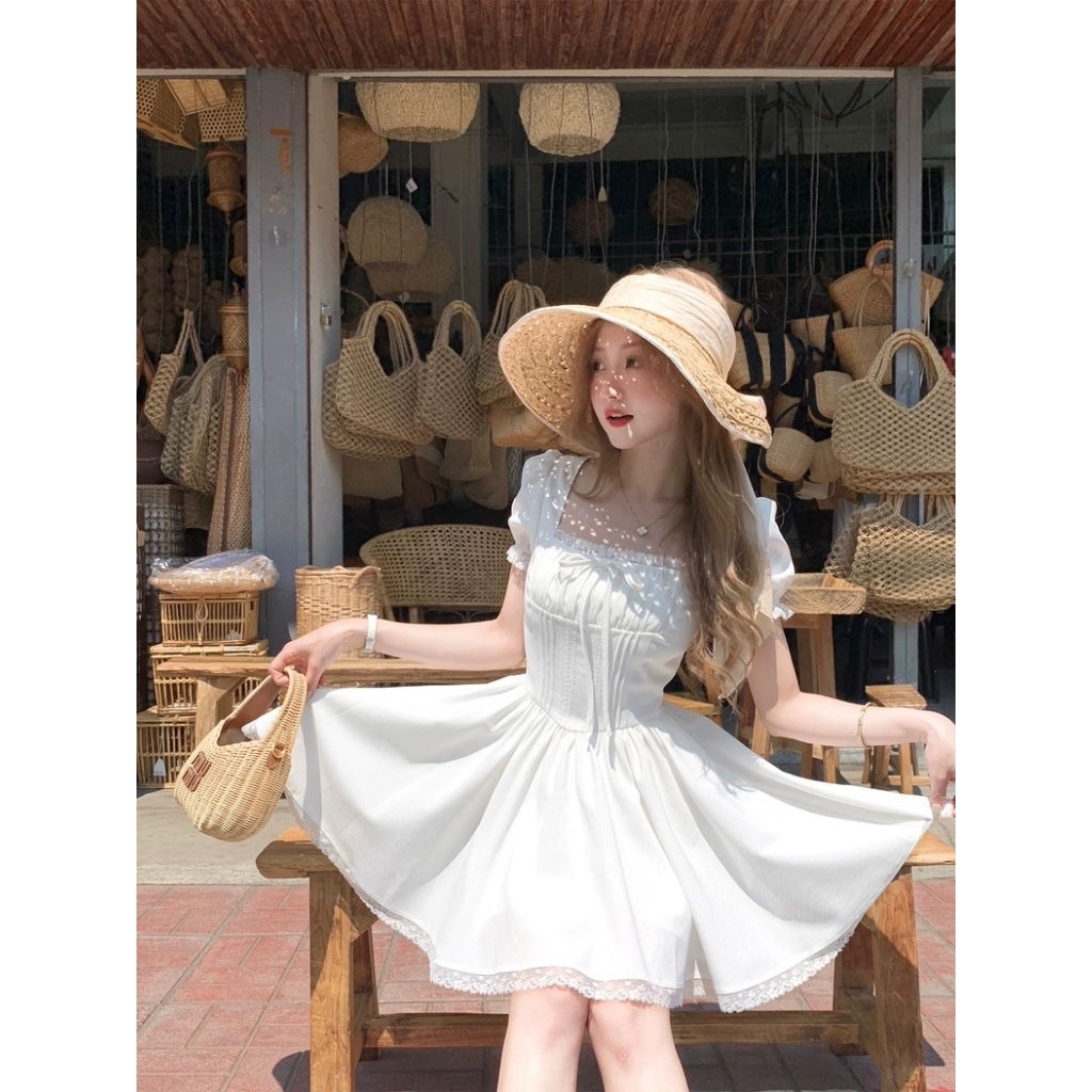 Váy Trắng Dự Tiệc Dáng Xòe Tay Bồng Cổ Vuông Nữ Tính - [TLV2]  Memeboutique