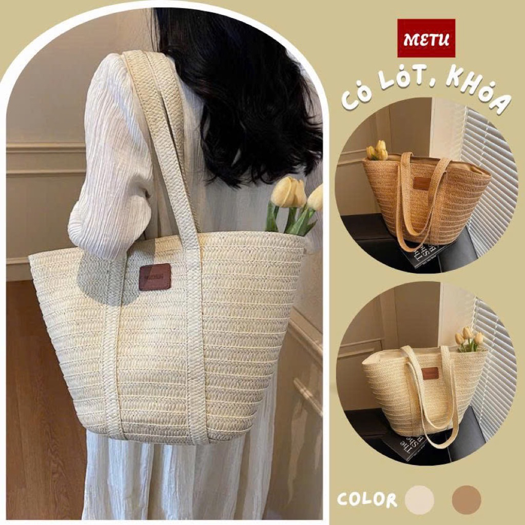 Túi cói tote Túi du lịch đính da dập nổi 09