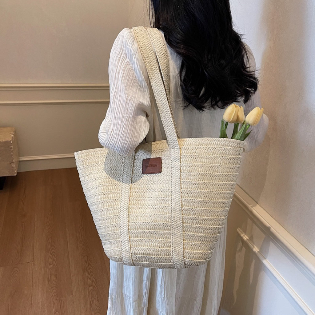 Túi cói tote Túi du lịch đính da dập nổi 09