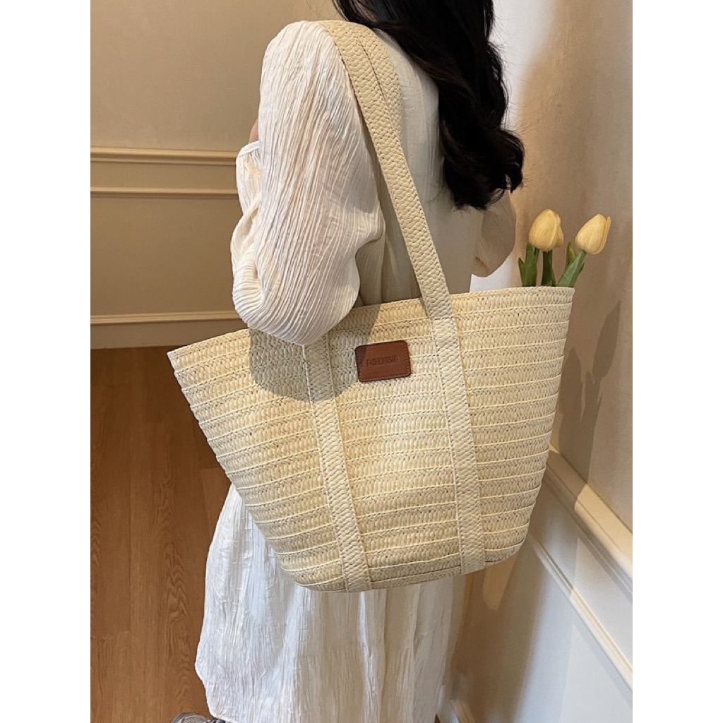 Túi cói tote Túi du lịch đính da dập nổi 09