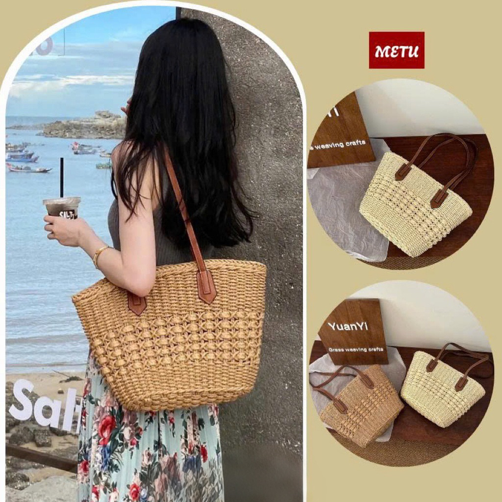 Túi Cói Nữ, Túi Đi Biển Đan Thưa Quai Da 11
