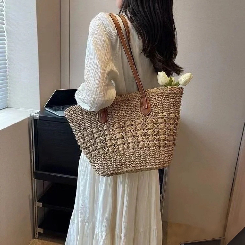 Túi Cói Nữ, Túi Đi Biển Đan Thưa Quai Da 11