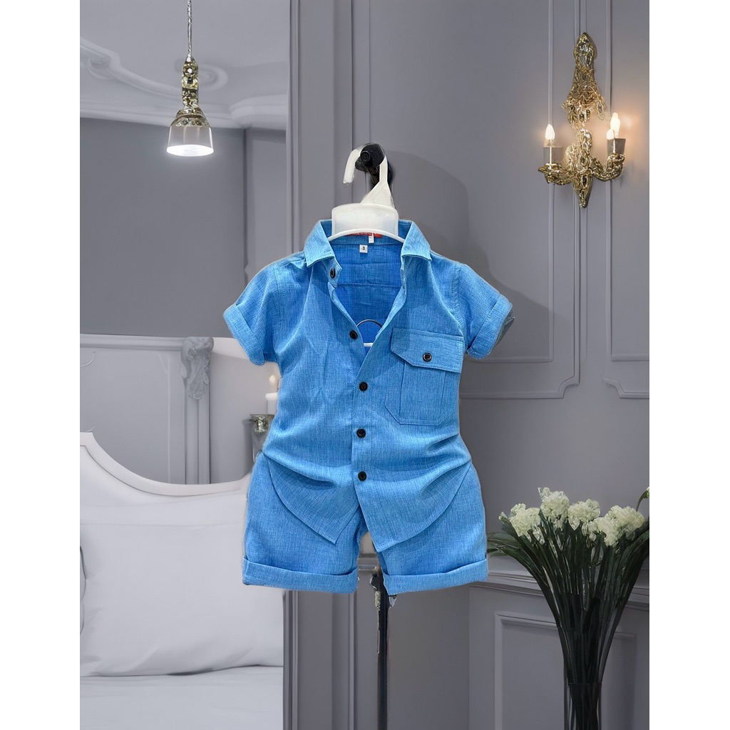 set sơmi thiết kế cao cấp xanh trơn cho bé 10-52kg TONIKIDS