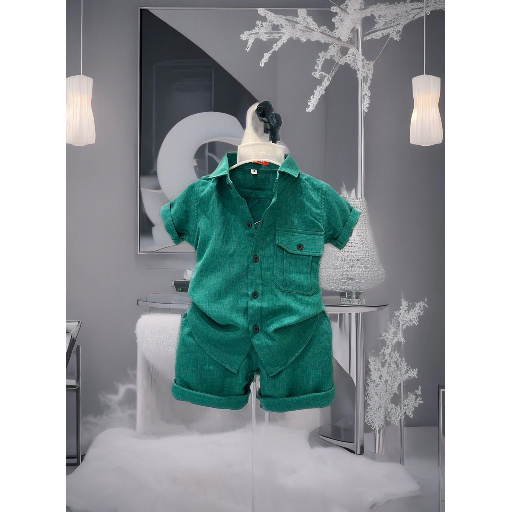 set sơmi xanh trơn thiết kế cao cấp cho bé 10-52kg TONIKIDS