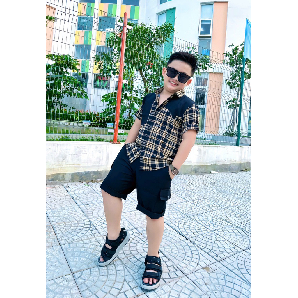 set sơmi kiểu caro phối quần tây đen trơn cho bé trai 10-52kg