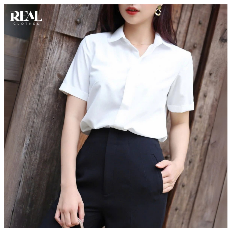 Sơ mi công sở tay ngắn cơ bản màu trơn REAL CLOTHES (tổng hợp màu), vải lụa sồi mát, ít nhăn