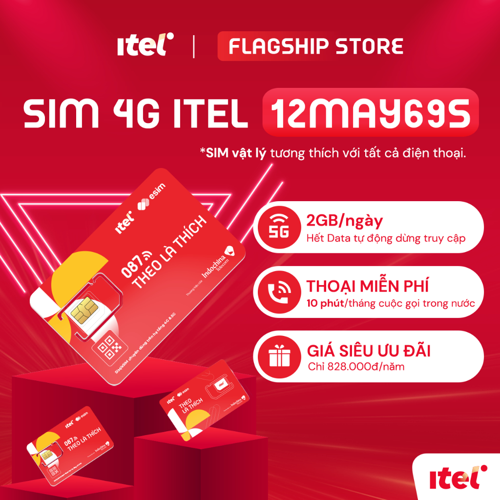 [FREE 12 THÁNG] SIM 4G ITEL MAY69S Data 2GB/Ngày+10P/Tháng Gọi Trong Nước. Dùng Sóng Vina. Miễn Phí 1 Năm Không Nạp Tiền