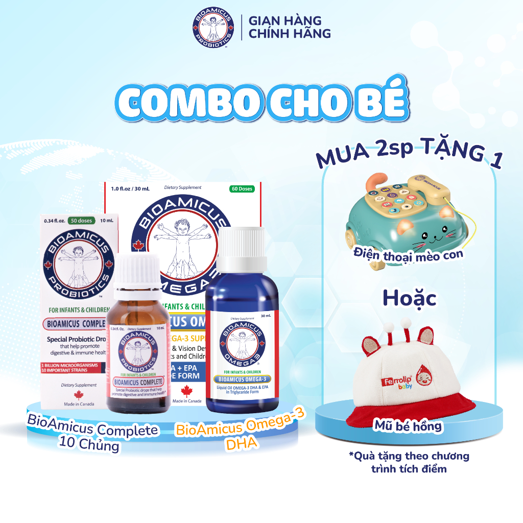 Bộ Đôi Cho Bé - BioAmicus Complete 10 Chủng lọ 10mL & BioAmicus Omega-3 DHA lọ 30mL + quà