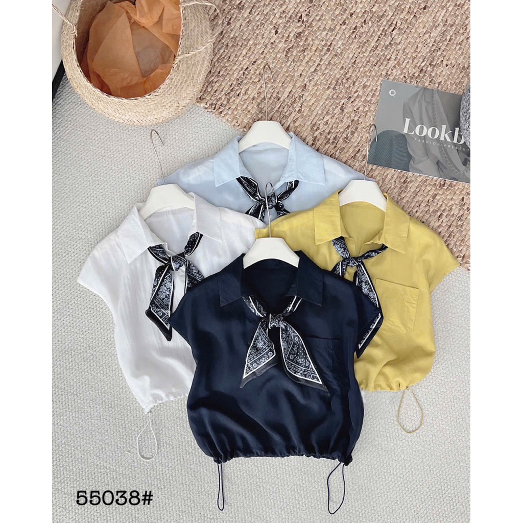 Sơ mi tay hến rút gấu cổ bẻ kèm khăn | Shopee Việt Nam