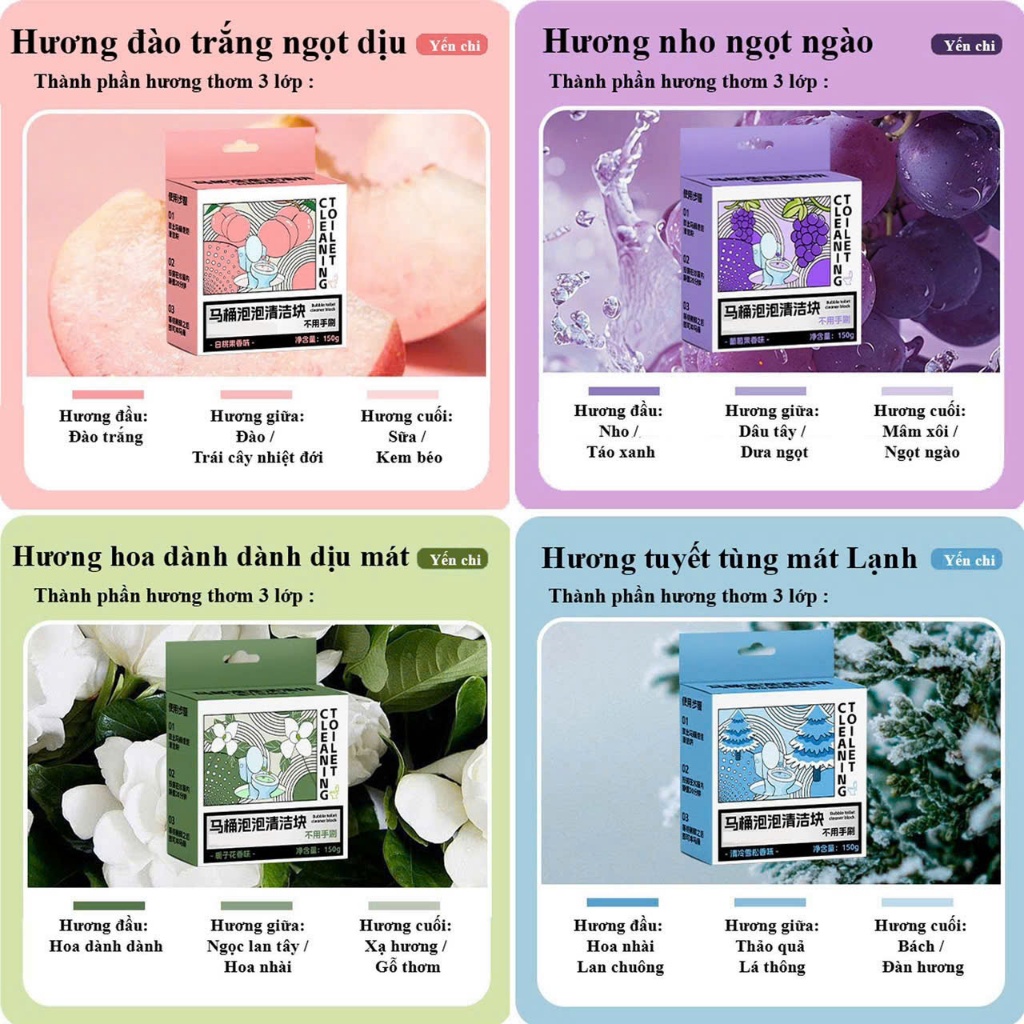 Set 4 Viên Tẩy Toilet Khử Mùi Thơm Mát – Làm Sạch Bóng, Kháng Khuẩn, Hương Dịu Dễ Chịu