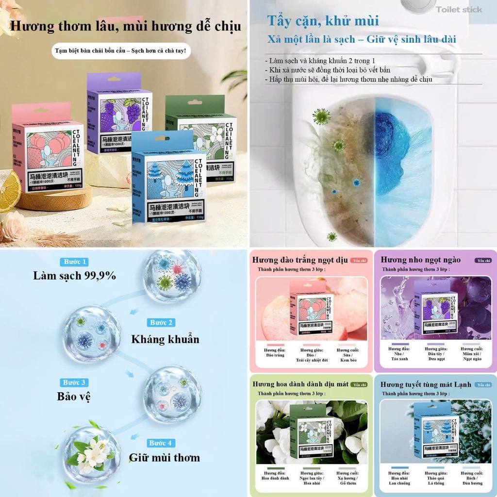 Set 4 Viên Tẩy Toilet Khử Mùi Thơm Mát – Làm Sạch Bóng, Kháng Khuẩn, Hương Dịu Dễ Chịu