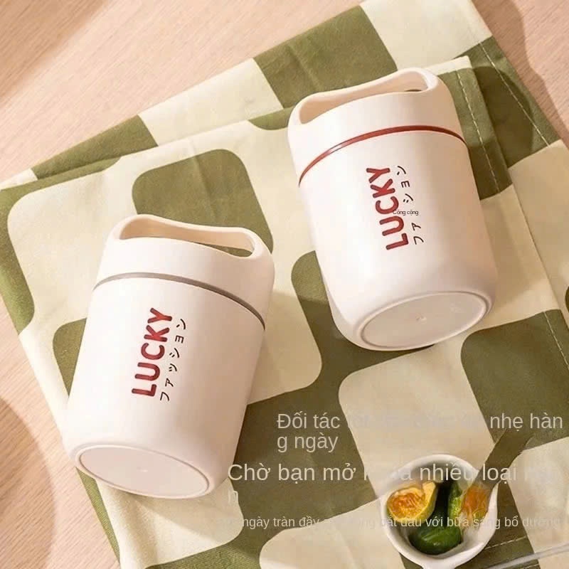 HỘP ĐỰNG CHÁO CHO BÉ 500ML KÈM THÌA TIỆN LỢI - Bình Ủ Cháo Inox 304 An Toàn,Bình Ủ Cháo Lucky Giữ Nhiệt 3 Lớp