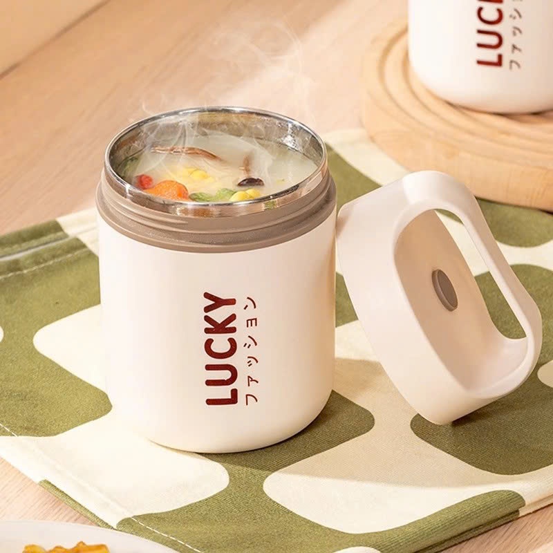 HỘP ĐỰNG CHÁO CHO BÉ 500ML KÈM THÌA TIỆN LỢI - Bình Ủ Cháo Inox 304 An Toàn,Bình Ủ Cháo Lucky Giữ Nhiệt 3 Lớp