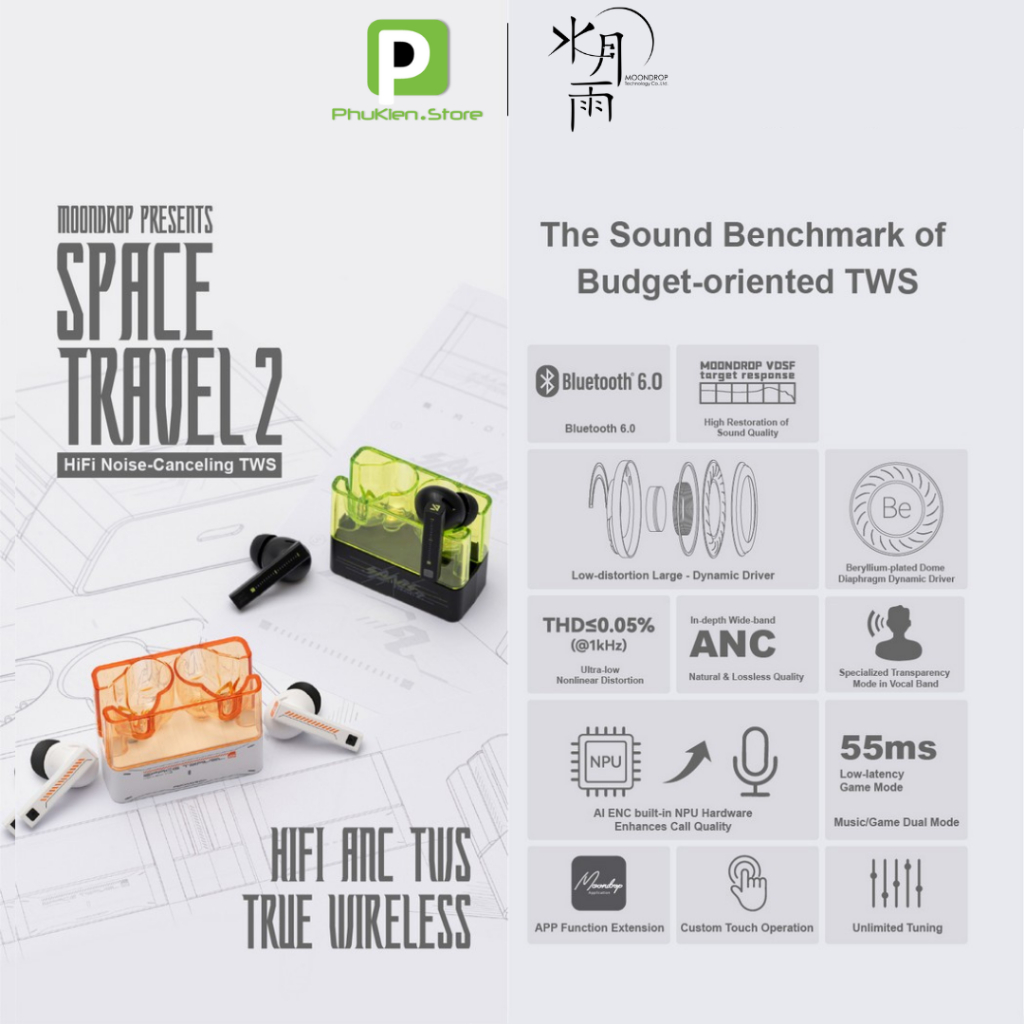 Tai nghe True Wireless Chính Hãng MoonDrop Space Travel 2 Bluetooth 6.0 | ANC | Hỗ trợ app ( beat Soundpeats Capsule )