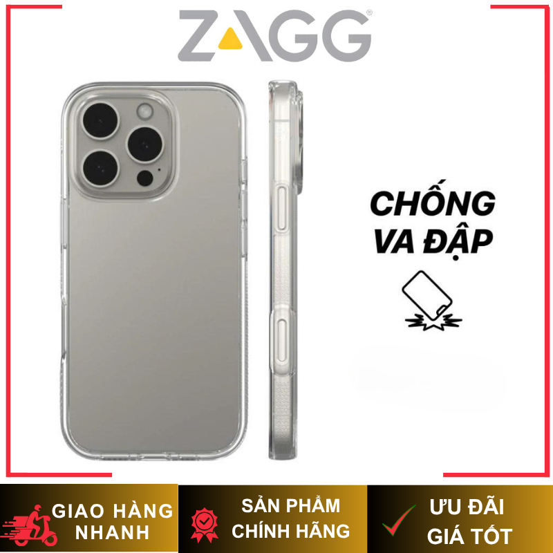 [ Chống Sốc ] Ốp Zagg Trong và Xám Tích Hợp Sạc Không Dây cho iP 16 Pro Max/ 16 Pro/ 15/14/13 Series