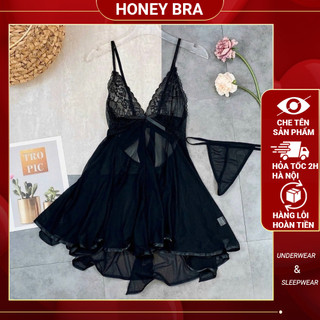 Váy ngủ sexy ren xuyên thấu kèm chip váy hở lưng váy thắt nơ gợi cảm DN99 Đầm ngủ nữ 2 dây, kèm quần lọt khe