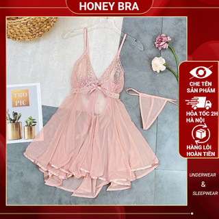 Váy ngủ sexy ren xuyên thấu kèm chip váy hở lưng váy thắt nơ gợi cảm DN99 Đầm ngủ nữ 2 dây, kèm quần lọt khe