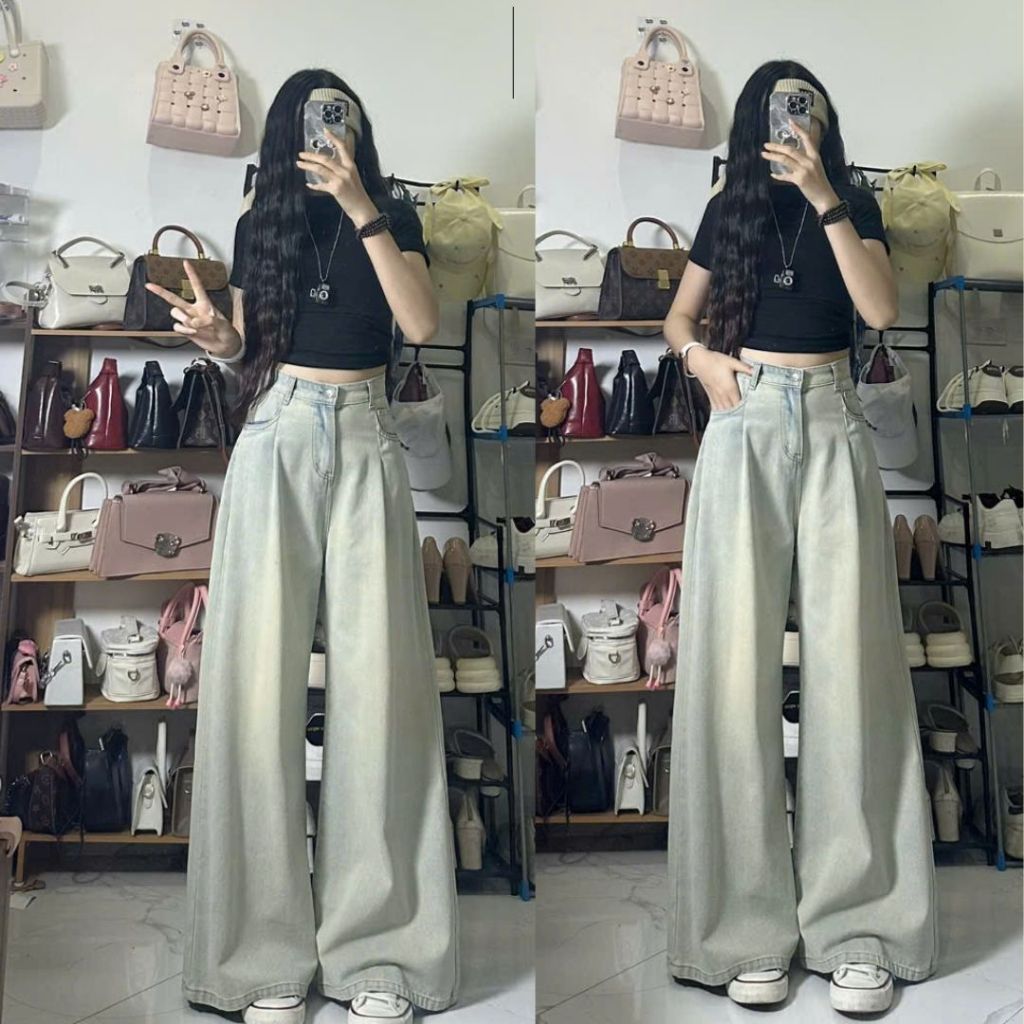 Quần jeans bò ống xuông xếp ly ống rộng màu xanh nhạt phủ rêu vàng nhẹ dáng dài Joolate cạp cao tông dáng