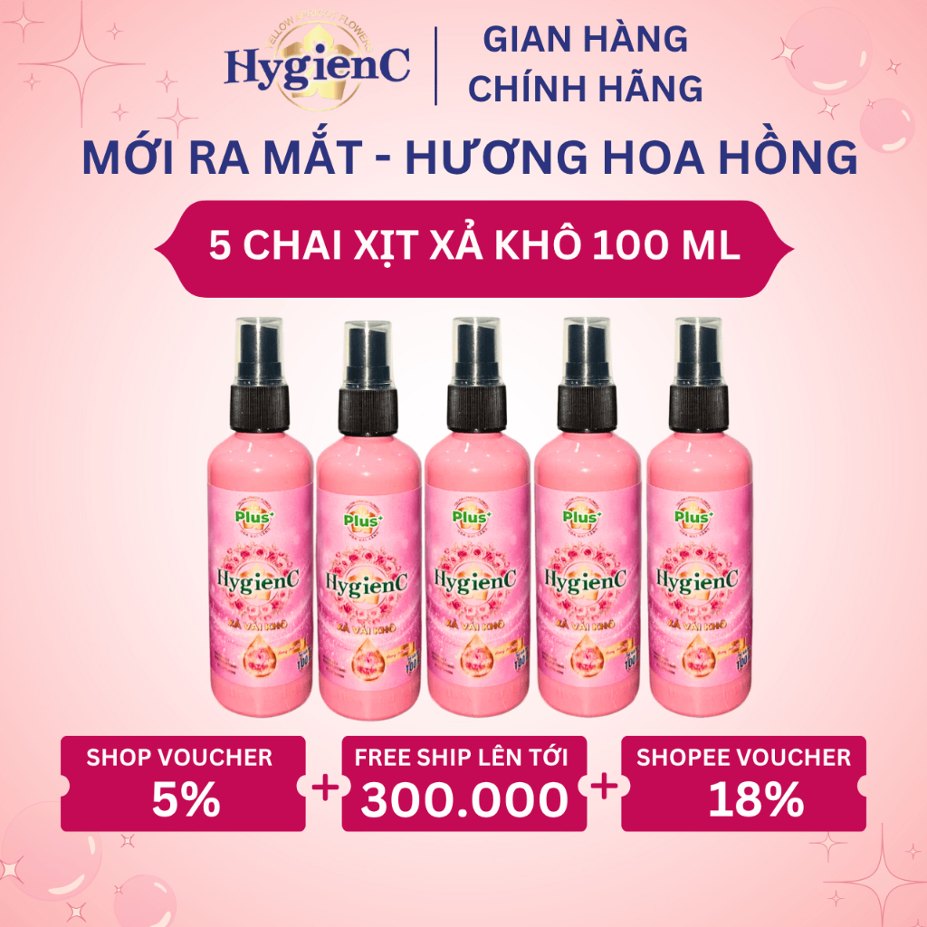 [MỚI RA MẮT] Combo 5 Chai Xịt Xả Vải Khô HygienC Plus 100ml/Chai - Hương Hoa Hồng (Dịu Dàng)