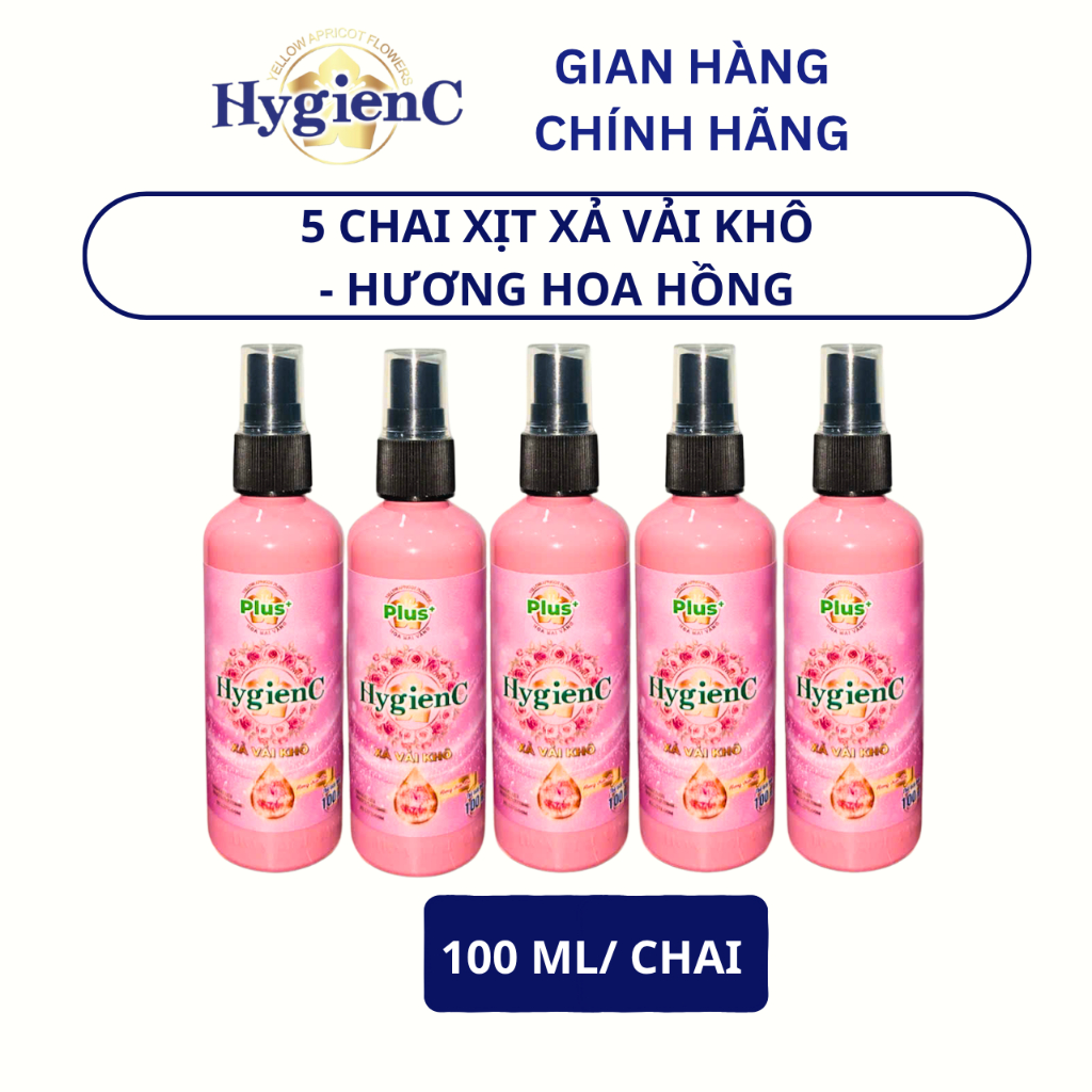 [MỚI RA MẮT] Combo 5 Chai Xịt Xả Vải Khô HygienC Plus 100ml/Chai - Hương Hoa Hồng (Dịu Dàng)