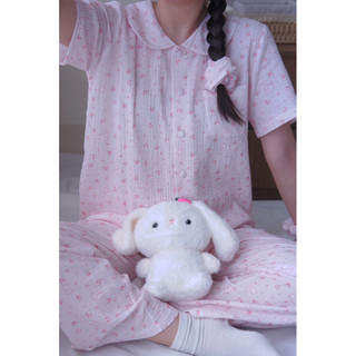 Đồ ngủ nữ tay ngắn quần dài – Pyjama vải xô muslin cổ sen họa tiết | KNG.studio (Tặng kèm dây buộc tóc scrunchies)