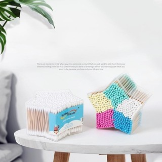Tăm Bông Gỗ Màu 2 Đầu 500 Que Hộp Ngôi Sao Cao Cấp - Cotton Buds Vệ Sinh Tai Tẩy Trang Makeup
