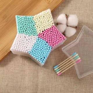 Tăm Bông Gỗ Màu 2 Đầu 500 Que Hộp Ngôi Sao Cao Cấp - Cotton Buds Vệ Sinh Tai Tẩy Trang Makeup