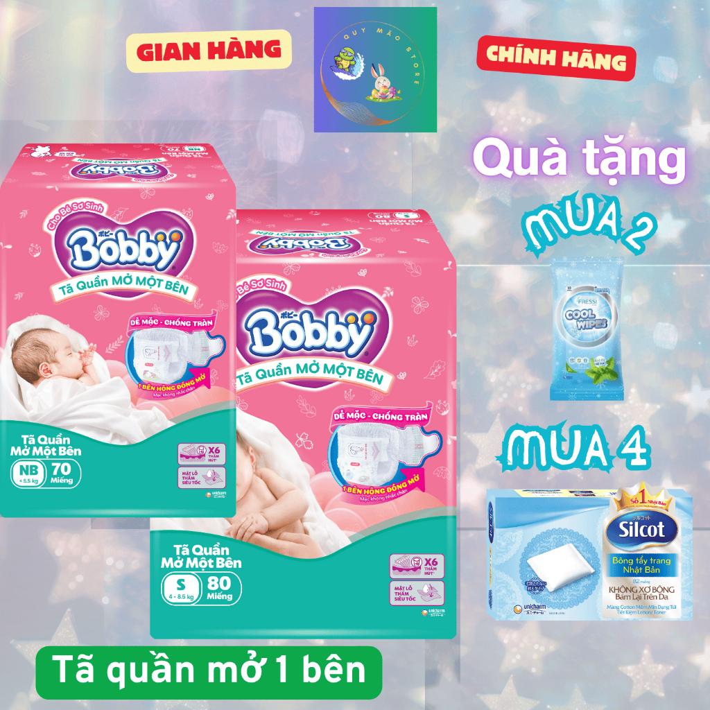 [MỚI] BOBBY TÃ BỈM QUẦN MỞ MỘT BÊN BÉ SƠ SINH size NB 70 miếng (<5,5kg) S 80 miếng (4 - 8 kg)