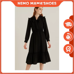 OZOC ĐẦM MAXI ĐEN TAY DÀI CỔ NƠ DUYÊN DÁNG THANH LỊCH (Q220610007)