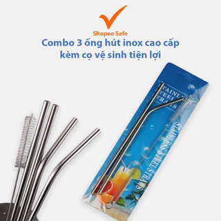 Combo 3 ống hút inox cao cấp kèm cọ vệ sinh giúp làm sạch dễ dàng chống gỉ sét an toàn khi dùng