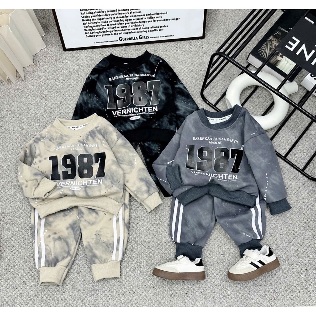 BỘ NỈ BÔNG LOANG 1987 KEM ĐEN XÁM