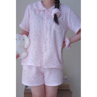 Đồ ngủ nữ tay ngắn quần đùi – Pyjama vải xô muslin cổ sen hoạ tiết | KNG.studio (Tặng kèm dây buộc tóc scrunchies)