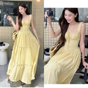 : Váy Maxi 2 Dây Form Xòe Hàng 2 Lớp Chun Nhúm Ngực, Chất Xốp Kẻ Mềm Nhẹ Viền Bèo Váy Đi Biển, Du Lịch Các Nàng Ơi
